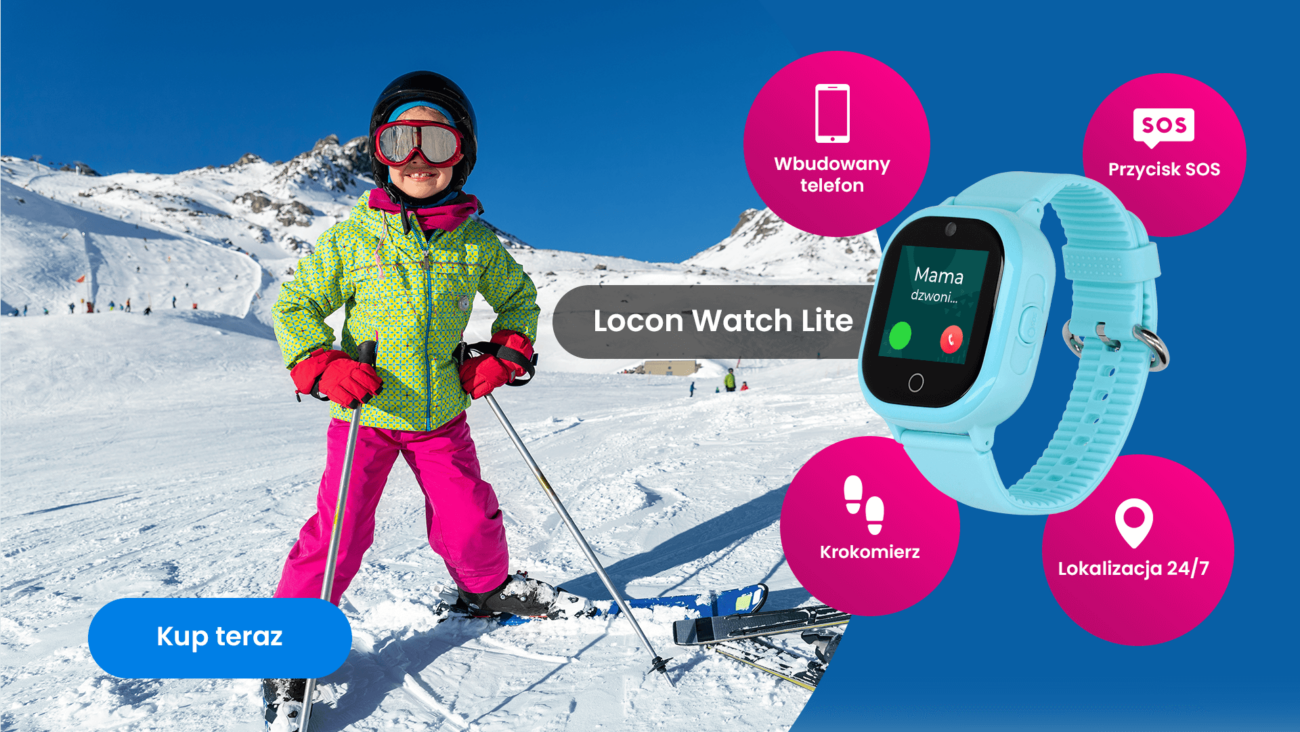 Dziecko na stoku narciarskim z zegarkiem GPS Locon Watch Lite