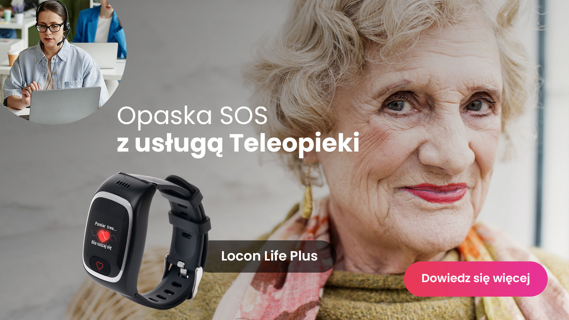 Starsza kobieta z opaską SOS dla seniora wyposażoną w usługę Teleopieki